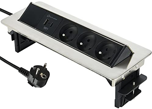 Electraline 35445 Steckdosenleiste, versenkbar, Arbeitsplatte mit 3 16 A, französischer Standard + 2 3,1 A A + 1 USB Typ C 15,5 W, Einbausteckdose für Küche, Kabel 2 m, schwarz, horizontal
