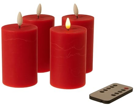 Fachhandel Plus LED Kerzen mit Timer – Stumpenkerzen aus Echtwachs mit 3D Flamme & Fernbedienung – LED Echtwachskerzen in verschiedenen Farben & Größen – Ø 6,5/7,5 cm (Rot, 15 x 7,5 cm)