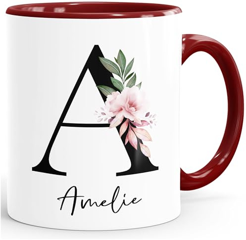 SpecialMe® Kaffee-Tasse mit Buchstabe Monogramm personalisiert mit Namen Initiale Blumen-Motiv persönliche Geschenke Bordeauxrot Keramik-Tasse
