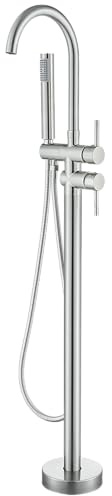 YAGATAP Freestanding Bathtub Faucet Floor Mount Tub Filler Brushed Nickel High Flow Shower Faucets with Handheld Shower Mixer Taps Swivel Spout