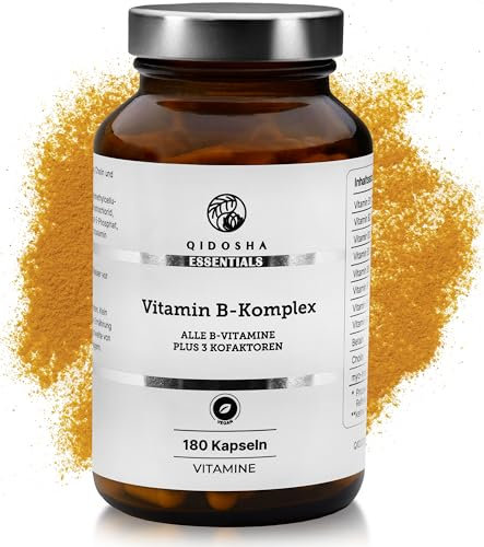 QIDOSHA® Vitamin B Komplex ultra-hochdosiert & bioaktiv plus Kofaktoren, 180 Kapseln im Glas, B Vitamine hochdosiert in ihrer bio-aktiven Form, B Vitamine Komplex hochdosiert und aktiviert, vegan