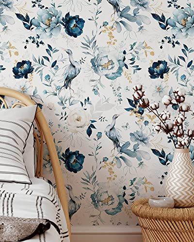 Coloritto Blue Garden Wallpaper with Birds | Removable Self Adhesive Watercolor Botanic Wallpaper | Floral Peel and Stick Wallpaper (Sample 12 W x 8 H)