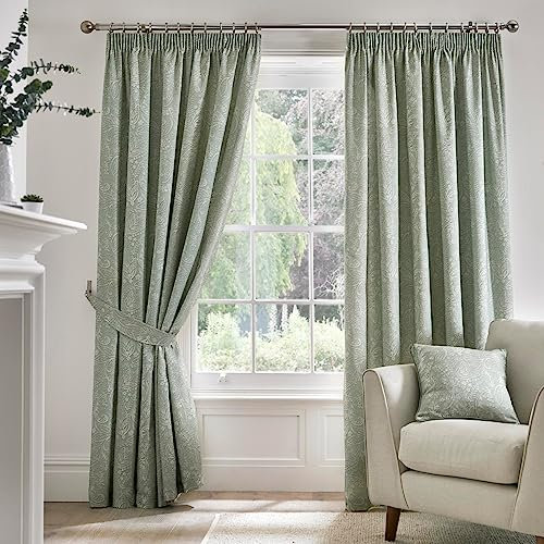 Dreams & Drapes Green Jacobean Curtains W90 x L90 (229 x 229cm) - 2 Panels - 100% Cotton - 2 Tie Backs - Floral Pencil Pleat Drapes - Vintage Light Green