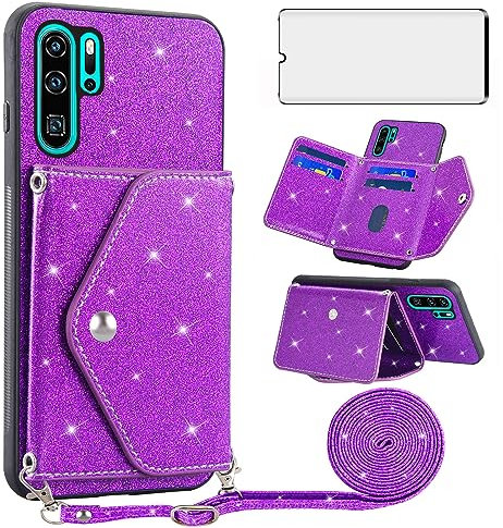 Asuwish Handyhülle für Huawei P30 Pro Hülle mit Band und Folie Schutzfolie Kartenfach Klappbar Glitzer Leder Geldbörse Ständer HuweiP30Pro Hawaii P 30 P30Pro VOG-L29 Handy Hüllen Phone Case Dunkellila
