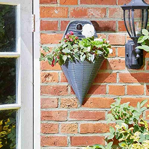 Garden Mile® Garden Wall Mount Flower Basket 14'' 2pc Set Cone Rattan Effect Plant Holder Outdoor Plant Pot Planter 2 pack Grey Wicker Flower Pot Basket Pre-Lined for Easy Planting