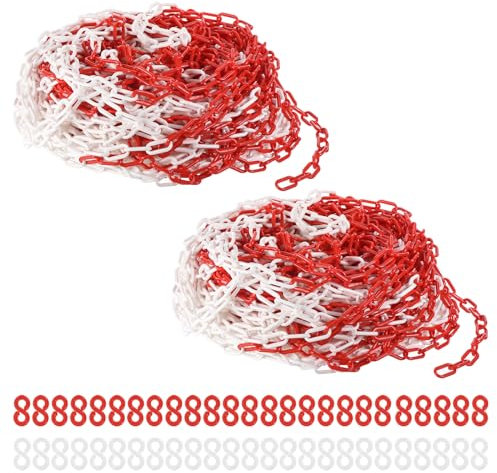 PATIKIL Absperrkette Kunststoff Plastik-Kettenglieder rot/weiße Sicherheitsketten, 0,24/6mm Plastikketten für Personenkontrolle, Warteschlangen, Parkplätze, Zäune