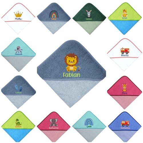 Generisch Besticktes Kapuzenhandtuch mit Name & Motiv – 100x100 cm | Personalisiert – mit Namen, Motiv oder beidem bestickt – Geschenk zur Geburt oder Taufe – Baumwolle