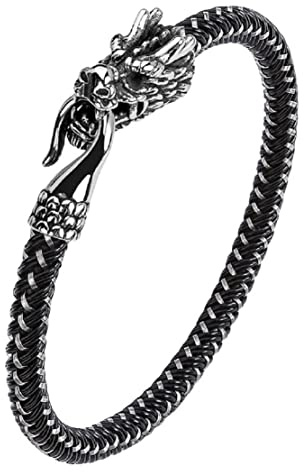 Bracelet Dragon pour Homme et Garçon - Jonc Tête de Viking, Manchette Punk, Cuir Tressé - Bijoux Ouroboros