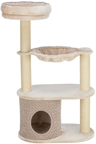 TRIXIE Katzen-Kratzbaum Alessia, mehrstöckig – 114 cm, lichtgrau/Sand | Robuste Sisal-Kratzflächen und weiche Polster – bietet Kratzspaß, Spiel und entspannten Rückzug für Katzen