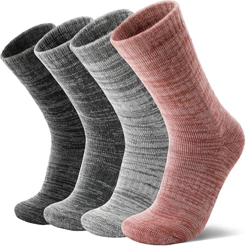 MOSEY KOSY 4 Pairs Merino Wool Walking Hiking Boot Socks, Thermal Extra Thick Warm Winter Cozy Crew Comfy Cushion for Women and Men(Grey/Black/Mahogany Grey,7-11)