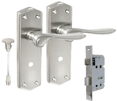 Satin Nickel Internal Door Bathroom Handles with Long Back Plate - Stellar Design,Superior Grip, Adjustable Spindle, and Seamless Finish (1 Pair of Handles + Bathroom SASH Lock)