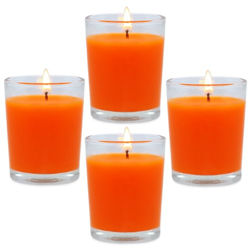 4 Packungen geruchlose orangefarbene Votivkerzen im Glas, 5,1 cm, natürliches Sojawachs, duftlos, Herbsternte, Herbstkerzen für Halloween, Erntedankfest, Hochzeit, Party, Zuhause, Urlaub, Entspannung,