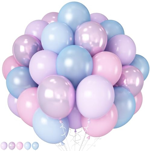 HILAVO Pink Purple Blue Balloon 60Pcs 12 Inch Metallic Pastel Balloon Iridescent Pearl Pink Blue Purple Party Balloons for Girls Mermaid Snowflake Princess Birthday Baby Shower Party Decoration
