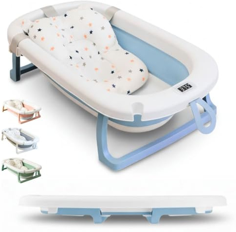 BATHBY | Bañera Plegable Bebé con Cojín + Termómetro + Patas Antideslizantes + Tapón de Seguridad para Bebé Recién Nacido, Diseño Plegable, Fácil de Guardar y Transportar, Azul Pastel