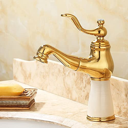 CCKUHN All Copper Gold Natural Jade Undercounter Basin Pull-Out Faucet, Universal Hot and Cold Water Faucet