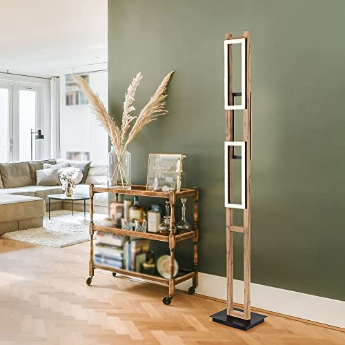 GLOBO Stehlampe Wohnzimmer Holz LED Stehleuchte moderner Landhaus Stil, Fußschalter 200 cm Kabel Metall schwarz, 30W 1000lm 3000k, LxH 25x150 cm
