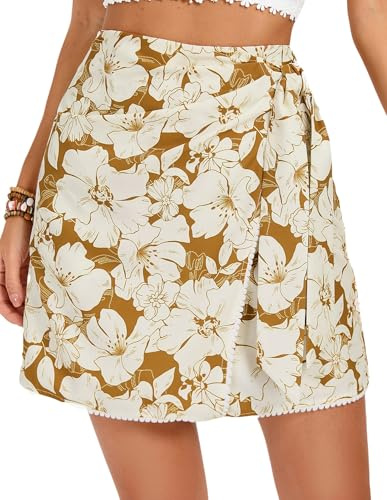 Kate Kasin Womens White Mini Skirt Boho Floral Skirts High Waisted Wrap Tie Summer Skirt Party Beach Yellow XL