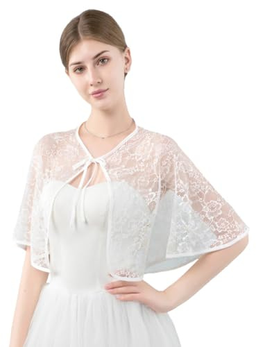 Makroyl Women Lace Floral Shawls Capes Bridal Cover Up Wraps Bolero For Evening Dress Wedding Party (White)