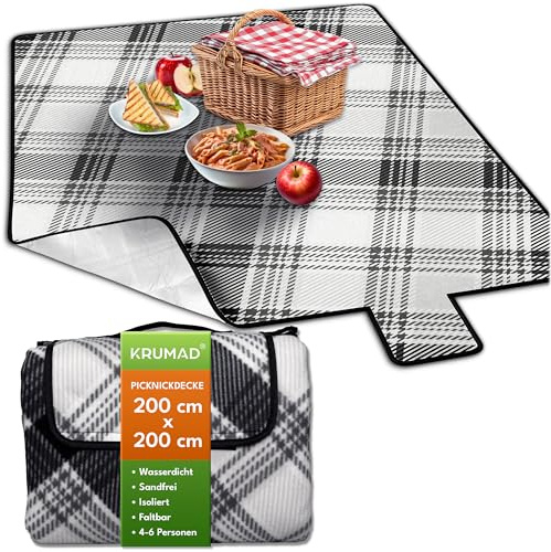 KRUMAD Picknickdecke Wasserdicht, XXL 200x200 cm, Outdoor Decke Gepolstert, Sandfrei, Camping Decke für Strand, Garten & Park, Faltbar mit Tragegriff, Leicht & Bequem (Grau-Schwarz) | 200x200 XXL, Grau-Schwarz, Wasserdicht, Sandfrei, Isoliert, Faltbar mit Tragegriff, Faltbar und Leicht, Picnic Blanket