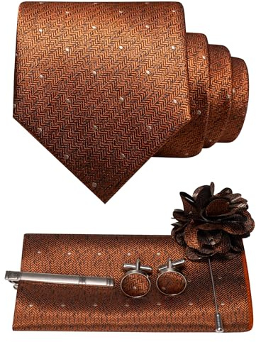 JEMYGINS Mens Rust Tie Woven Necktie and Pocket Square Cufflinks with Lapel Pin Tie Clip Sets for Wedding Business(7)