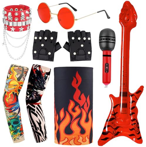 9 Stück Punk Gothic Kostüm Zubehör Set, Heavy Metal Rocker Kostüm Accessoires mit Armband Brille Handschuhen Maske Tattoo Ärmeln aufblasbarem Bass Mikrofon für Erwachsene 70er 80er Partys