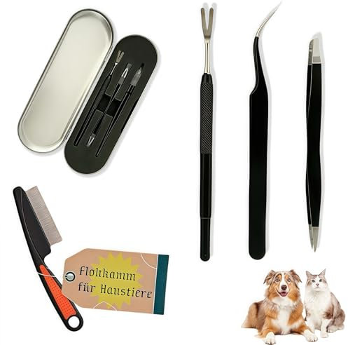 zeostmont Zeckenzange 4er Set – Zeckenwerkzeug Kit für Hunde & Katzen mit Flohkamm & Etui, Zeckenpinzette & Haken für kleine & große Tiere, Chemiefrei, Für Garten, Reisen & Erste Hilfe