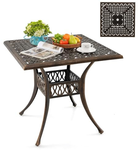 RELAX4LIFE Tavolo da Giardino, Tavolino da Balcone in Alluminio Fuso con Foro Ombrellone (φ5 cm), Struttura in Metallo Resistente, Multiuso per Esterni e Interni, Portata 75KG (80x80x75cm, Quadrato)