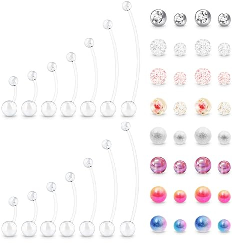 MixPiercing Piercing Nombril Grossesse Bioflex, Tiges en Plastique Avec Acrylique Remplacement Boules, Silicone Barres Extra Longueur 10mm 12mm 16mm 22mm 26mm 32mm 38mm 1,6mm