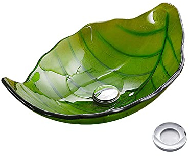 asdchZen Aufsatzwaschbecken Für Badezimmer, Gehärtetes Glas, Kunstbecken, Runde Schüssel, Gehärtetes Glas, Blattform, Künstlerisches Aufsatzwaschbecken, Rotgold C, Grün A