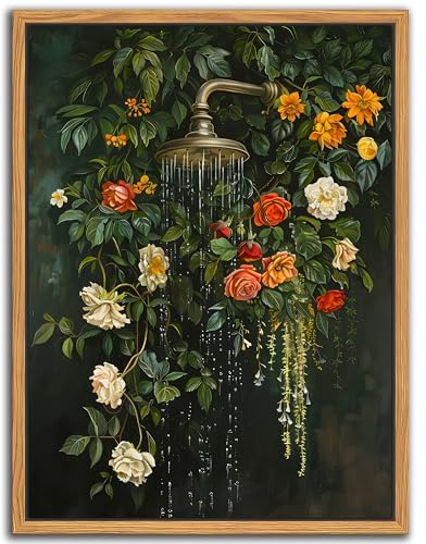 Floating Framed Floral Shower Wall Art, Vintage Botanical Flower Canvas Print, Romantic Garden Roses and Waterfall Painting, Nature Inspired Bathroom Wall Decor for Home Living Room 12x16 inch