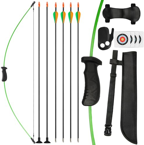 SERfawnCH Recurve Bow & Arrow Set 15lb, Ambidextrous Archery Kit with Safety Arrows, Arm Guard, Target Paper for Outdoor Practice (Green/Blue)