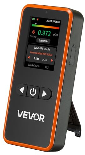 VEVOR Rilevatore di Gas Radon, Intervallo di Misurazione da 0,09 a 1000 pCi/L Misuratore di Radon Portatile CO2 VOC, Durata della Batteria di 45 Giorni, Montaggio a Parete, Facile da Usare, per Casa
