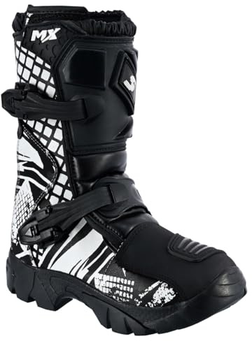 Speed MaxX Kids Black & Whtie Real Leather Off - Road Motorbike/Motocross/Motorcycle Cubs MX Sports Shoes/Boots (Black & White, UK Footwear Size System, Big Kid, Men, Numeric, Medium, 2)