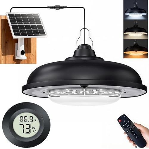 TSJKPAYL Solar Light with Thermometer Hygrometer Set | 3 Color Dimming Hanging Lamp with Remote Control & Dusk to Dawn | Waterproof for Shed Chicken Coop Barn Gazebo Garage Greenhouse Workshop