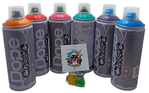 PROGAL COLORS Dope Classic - Set di 6 colori acrilici spray per graffiti, 400 ml, bassa pressione, 6 colori (blu bambino, fucsia, viola medio, turchese, arancione pastello, rosso) con 3 ugelli