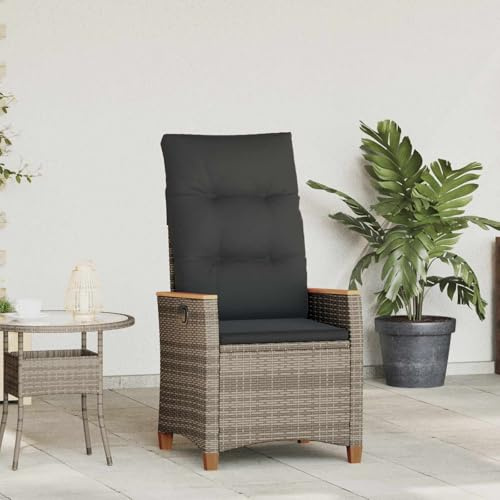 zylophax Verstellbarer Gartenstuhl Poly-Rattan Grau Marineblau mit Akazienholz Armlehnen wetterfest für Terrasse Balkon Outdoor Gartenstühle Hochlehner komfortabler Gartensessel