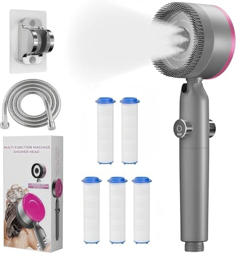 Alcachofa Ducha Alta Presión con 5 Filtros, Manguera 1.5M y Soporte, Cabezal de Ducha con Filtro Antical de 4 Modos con Botón de Stop, Alcachofa de Ducha Universal para Cuidado de Piel y Pelo, Gris