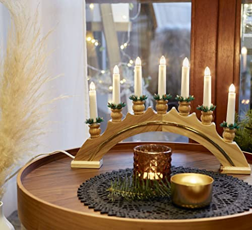 hellum Schwibbogen Weihnachten, 43x27cm, Lichterbogen Weihnachten mit Strom und Schalter, Schwibbogen mit 7 Filament Kerzen (+2 Ersatz), Fensterbeleuchtung für Innen, 873306