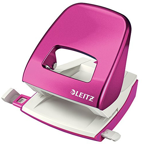 Leitz Büro Locher aus Metall, Für 30 Blatt, Anschlagschiene mit Formatvorgaben, Ergonomisches Design, pink, WOW-Serie, 50081023