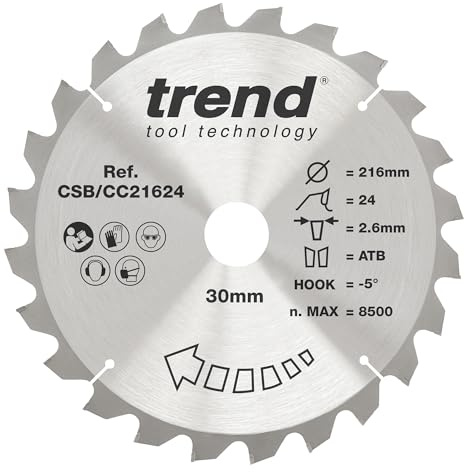 Trend Wood Mitre Saw Blade, 216mm Diameter, 30mm Bore, 24 Teeth, 2.6mm Kerf, -5° Hook, TCT, Coarse Finish, CSB/CC21624 | Ideal For Clean Crosscuts In Hardwood And Softwood, With 24 Teeth, 2.6 mm Kerf, -5° Hook Angle And 30 mm Bore, CSB/CC21624