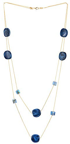 COOLSTEELANDBEYOND Elegante Gold Statement Halskette Zwei Strang Lange Kette mit Blau Würfel Kristall Perlen und Kreis Charme Anhänger