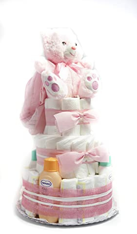 Tarta De Pañales DODOT y Neceser NENUCO 3 Pisos Niña y Niño con Accesorios - Regalo Original para recién nacido padres primerizos - Regalo para Bebé - Supermolón (Niña)