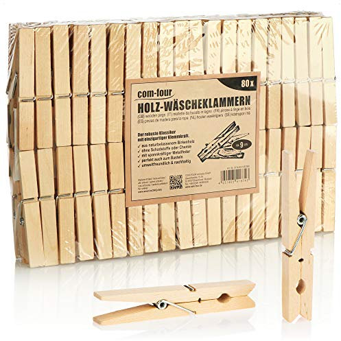 com-four® 80x Mollette XL in Legno - Mollette Sostenibili in Legno di Betulla - Mollette in Legno non Trattato per Stendere il Bucato, circa 9 cm (080 pezzi - betulla - XL)