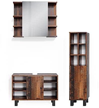 Vicco Set mobili bagno Fynn, Rovere rustico, 60 cm, composto da mobile sottolavabo, specchiera e colonna alta