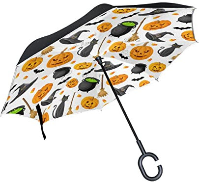 MNSRUU Umgekehrte Regenschirme, Halloween Kürbis Schwarz Katze Geist Fledermaus Muster Autos Reverse Regenschirm Regenschirm mit UV Schutz, Upside Down Regenschirm