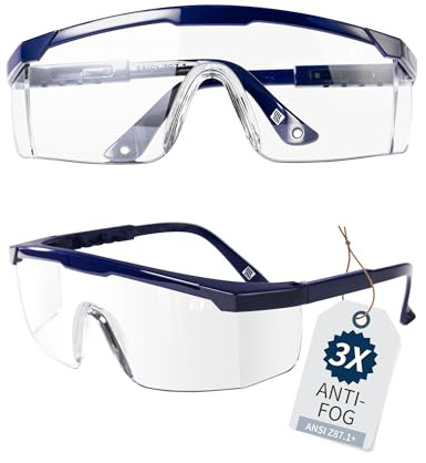 LANON Anti-Fog Safety Goggles with Adjustable Temples, 2.5 Times ANSI Z87.1 Double-sided Antifog, Side Protection, High Transmission, Lightweight & Comfortable Safety Glasses