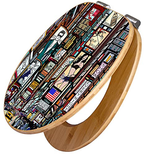 banjado Design WC Sitz Bambus Absenkautomatik 45,8x37,5cm - Toilettendeckel mit Absenkautomatik Holz - hochwertiger Bambus Klodeckel - WC-Sitz für gängigen Toiletten - Motiv New York Show