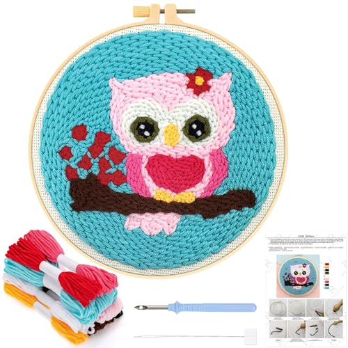 JSRQT Kit Punch Needle Debutant Eule Stanznadel Stickerei Starter Kit mit Instruction Stanznadelstoff Muster Set für Kinder Erwachsene Embroidery Starter Kits Basteln DIY Stanznadel Stickrahmen Kit