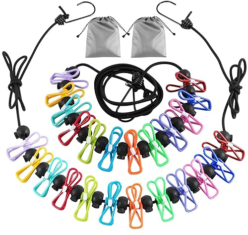 2 Pack Camping Clothesline Portable 12 Clothespins, Camping Accessories Travel Clothesline for Outdoor Indoor, Retractable Clothes Line Elastic Clothesline for Camper Hotel Room