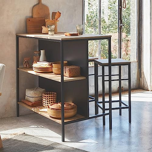 sweeek - Stehtisch Holzdekor und Metall mit 2 Regalen + 2 Hocker B 100 x T 60 x H 95cm